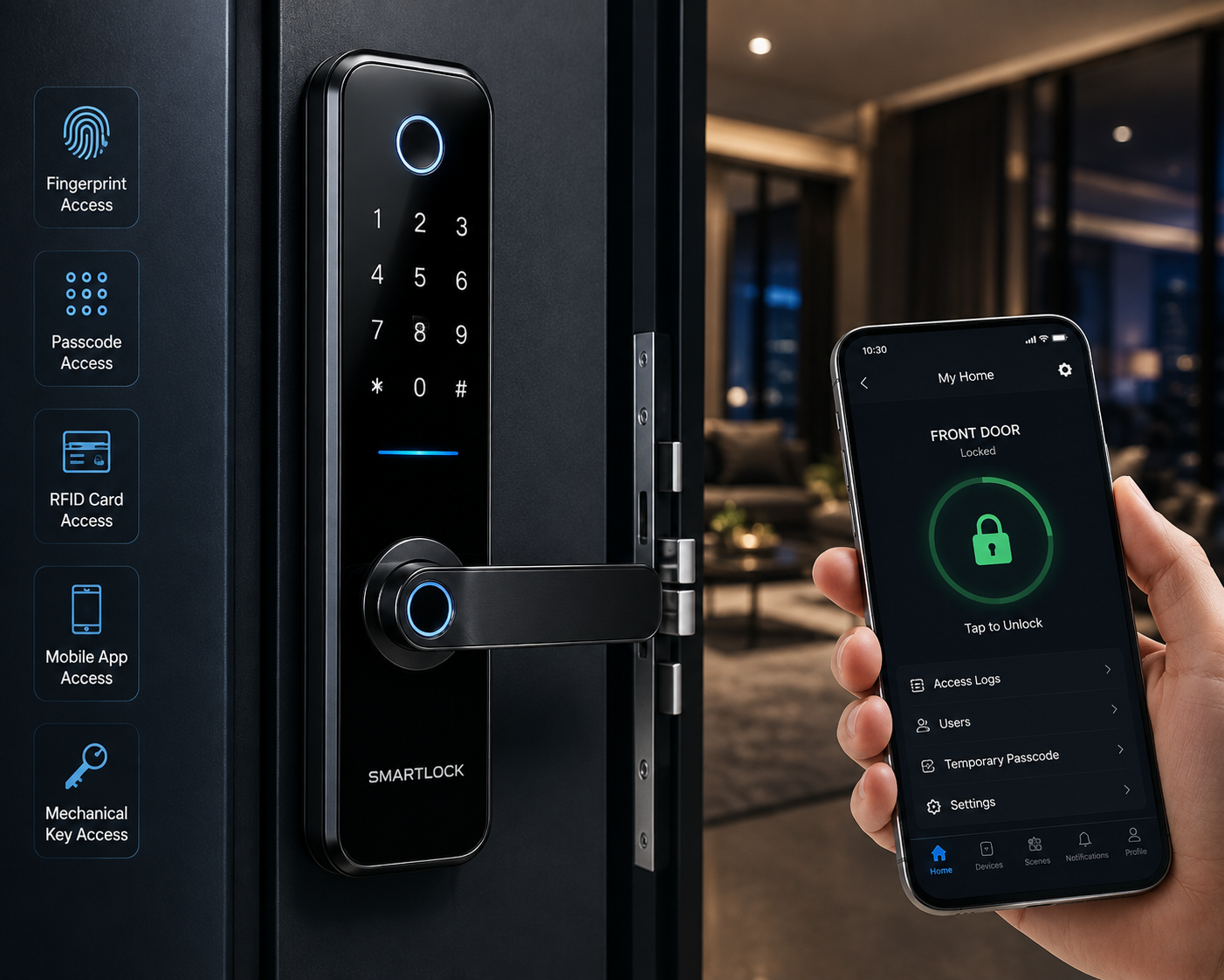 Smart door lock supporting fingerprint, passcode and RFID card entry, controlled from a mobile app showing Front Door Locked